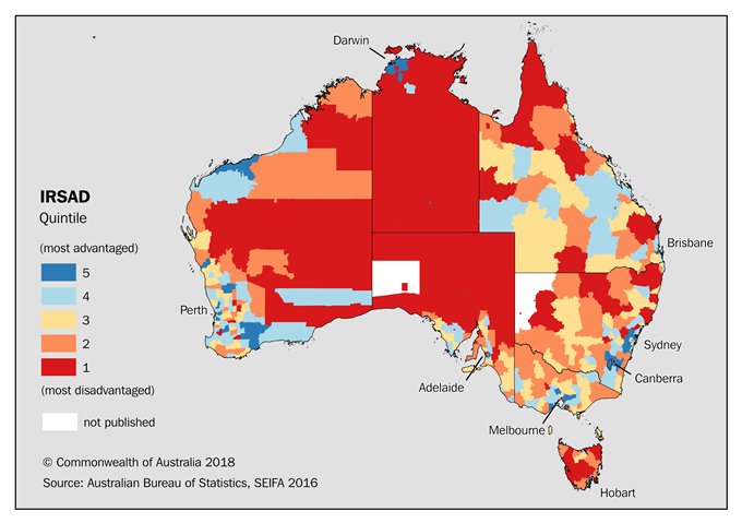 Image of map of Australia with ABS Socio-Economic Indexes for Areas (SEIFA) colour-coded into quintiles