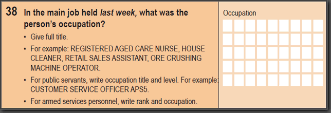 Image: 2016 Household Paper Form - Question 38. In the main job held last week, what was the persons occupation?