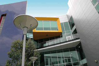 Image: Modern building, glass with purple and Yellow