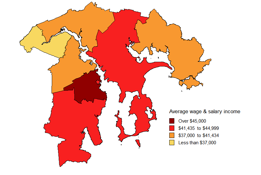 Map showing average Wage and salary incomes by SLA in the Greater Hobart Statistical Division in 2008-09