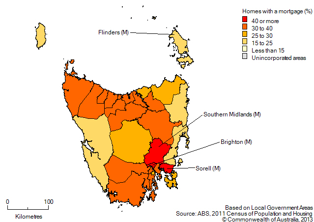 Map: Proportion of homes owned with a mortgage, by Local Government Area, Tasmania, 2011