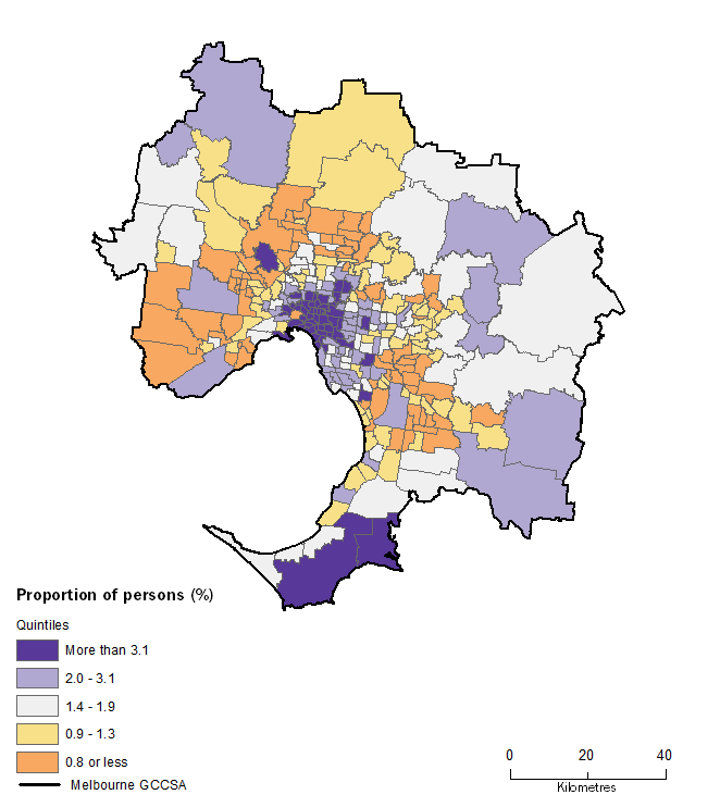 Image: A map showing the proportion of people who walked to work in Greater Melbourne SA2s.