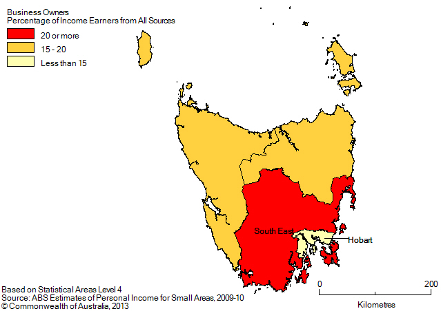 Map: BUSINESS OWNERS(a), Percentage of income earners by SA4, Tasmania- 2009-10