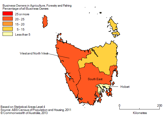 Map: PERCENTAGE OF BUSINESS OWNERS IN THE AGRICULTURE, FORESTRY AND FISHING INDUSTRY BY SA4(a), Tasmania - 2011
