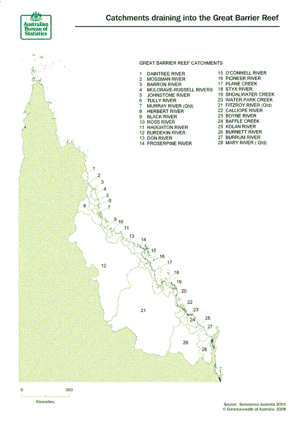Map showing catchments draining into the Great Barrier Reef