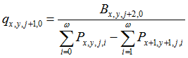 Equation: q x,y,j+1,0 = B x,y,j+2,0 over Omega sum i=0 P x,y,j,i - Omega sum i=1 P x+1,y+1,j,i