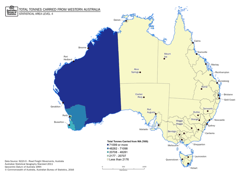 Image: Thematic map, Total Tonnes Carried from Western Australia to Destination (Statistical Area Level 4)