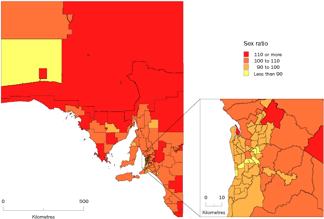 Diagram: MALES PER 100 FEMALES, Statistical Local Areas, South Australia—30 June 2009