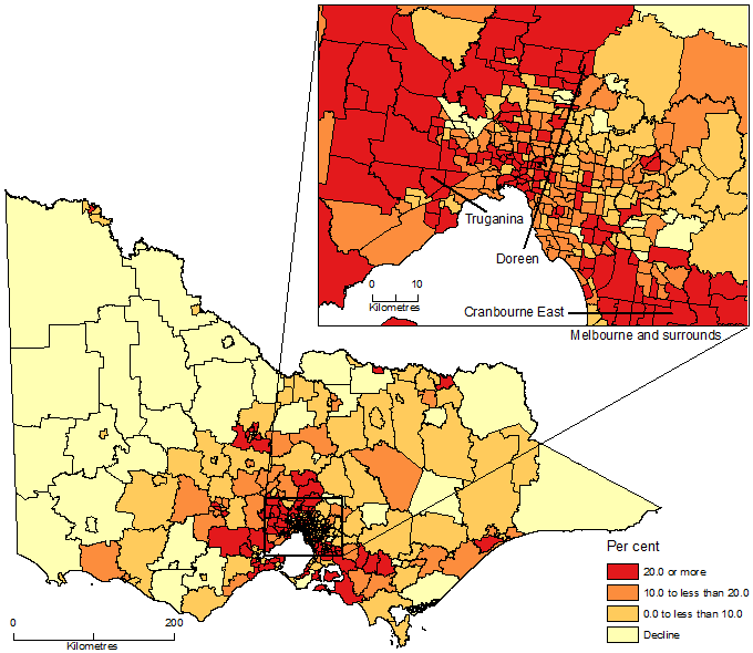 Map of Population change by SA2, Victoria, 2006-16