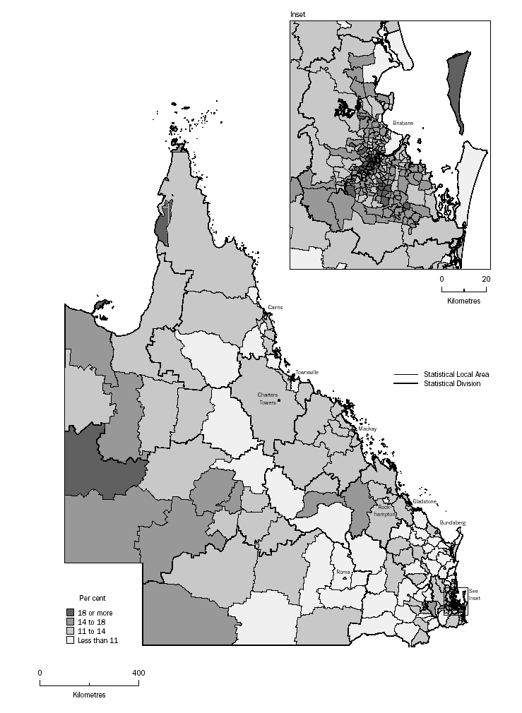 MAP: PROPORTION OF PERSONS AGED 15-24 YEARS BY SLA - QUEENSLAND
