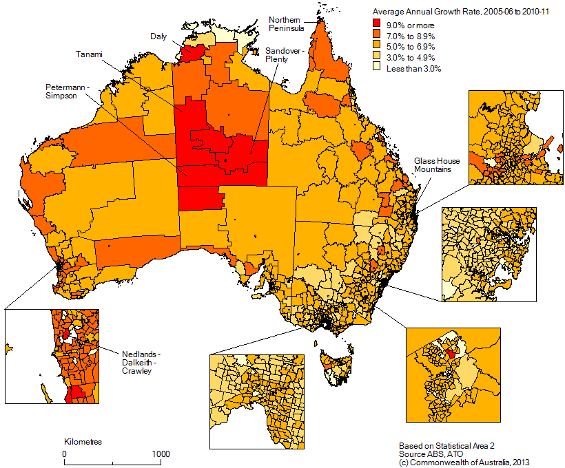 Map of growth in average wages and salaries income,  2005-06 to 2010-11