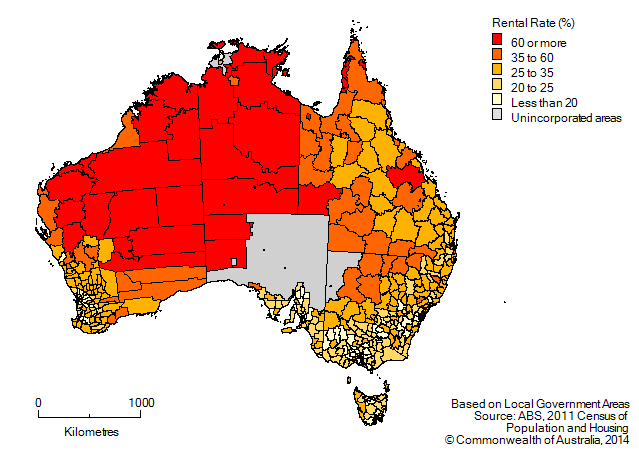 Map: home rental rates, by local government area, Australia, 2011