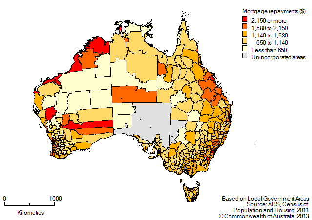 Map: Median Monthly Mortgage Repayments, by Local Government Area, Australia, 2011