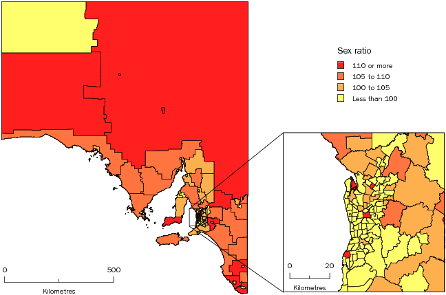 Diagram: MALES PER 100 FEMALES, Statistical Areas Level 2, South Australia—30 June 2011