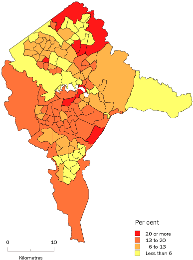 Diagram: Population aged 65 years and over, Statistical Local Areas, Canberra, 2008