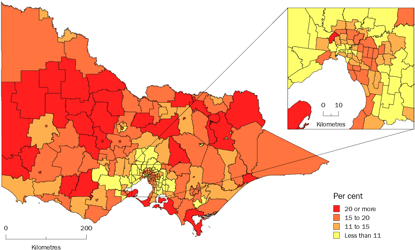 Diagram: POPULATION AGED 65 YEARS AND OVER, Statistical Local Areas, Victoria—30 June 2010