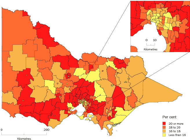 Diagram: POPULATION AGED LESS THAN 15 YEARS, Statistical Local Areas, Victoria—30 June 2009