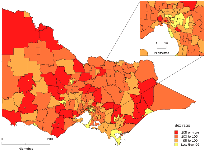 Diagram: MALES PER 100 FEMALES, Statistical Local Areas, Victoria—30 June 2009