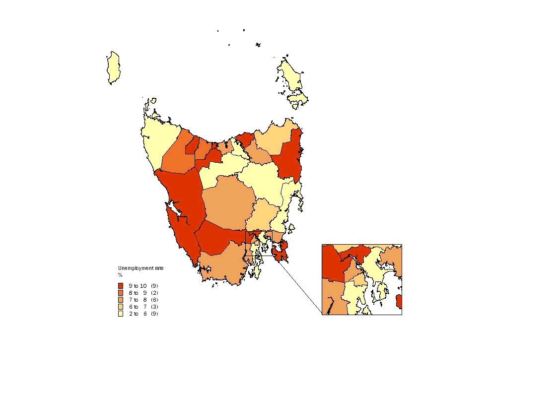 Diagram: Map Unemployment rate, by local government area, Tasmania, August 2006