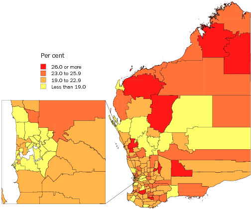 Diagram: Population aged less than 15 years, Statistical Local Areas, WA, 2007