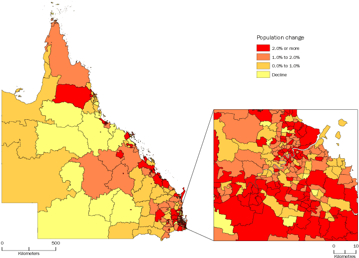 Diagram: POPULATION CHANGE BY SA2, Queensland—2012–13