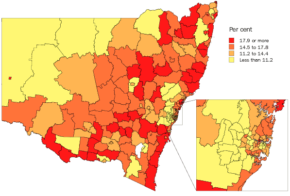 Diagram: Population aged 65 years and over, Statistical Local Areas, NSW, 2007