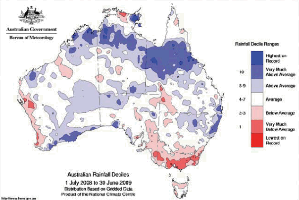 FIGURE 2.3 Average Rainfall, Decile ranges, Australia, 2008-09