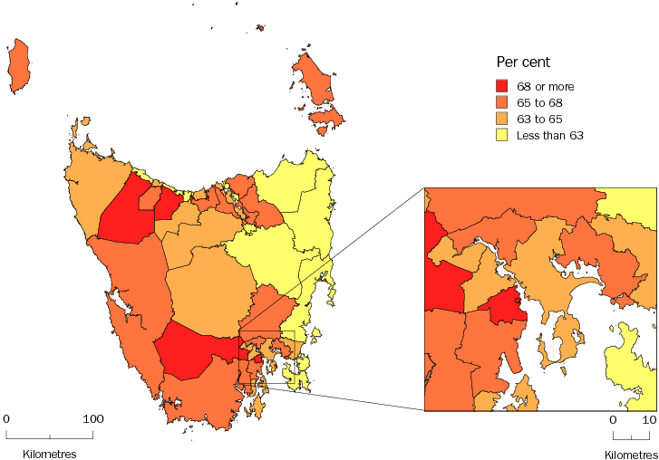 Diagram: WORKING AGE POPULATION (AGED 15-64 YEARS), Statistical Local Areas, Tasmania—30 June 2010