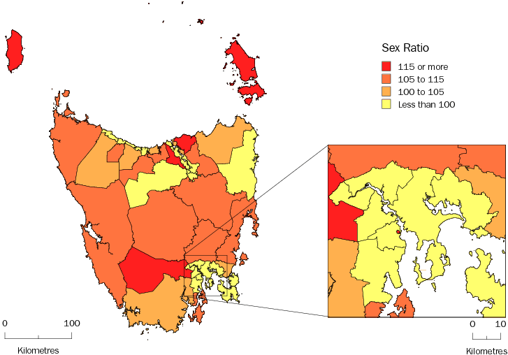 Diagram: MALES PER 100 FEMALES, Statistical Local Areas, Tasmania—30 June 2010