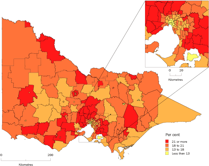 Diagram: Population aged less than 15 years, Statistical Local Areas, Victoria, 2008