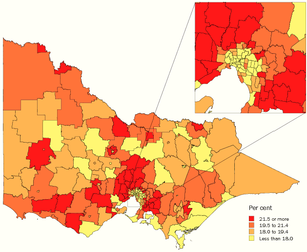 Diagram: Population aged less than 15 years, Statistical Local Areas, Victoria, 2007