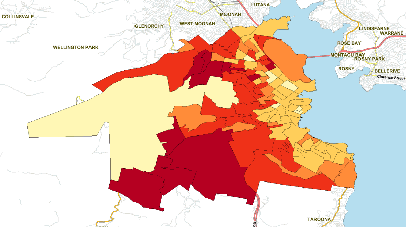 Map: Percentage home ownership for Census Collection Districts within the Hobart Local Government Area