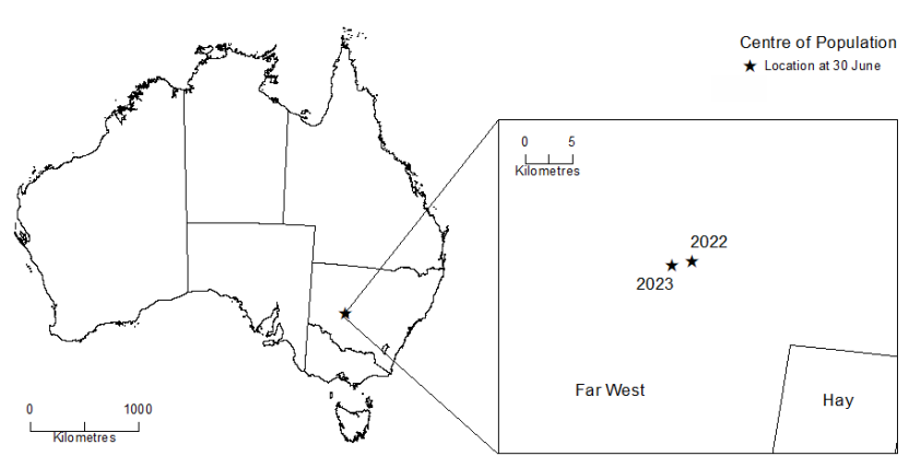 The image shows the location of Australia's centre of population on a map of Australia. 