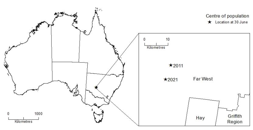 Map showing Australia's centre of population, June 2011 and June 2021