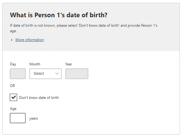 Example response to date of birth question: Don't know date of birth response selected