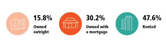 Owned outright, 15.8%, Owned with a mortgage, 30.2%, Rented, 47.6%