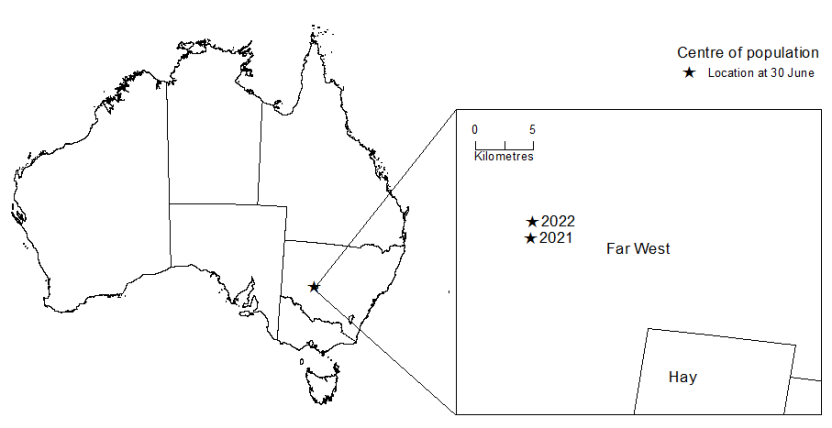 This image shows the location of Australia’s centre of population on a map of Australia. The area of the centre of population is zoomed in to an SA2 level, showing the locations of the centre of population as at 30 June 2021 and 30 June 2022. These locations are in Far West SA2, north of Hay SA2 in NSW.