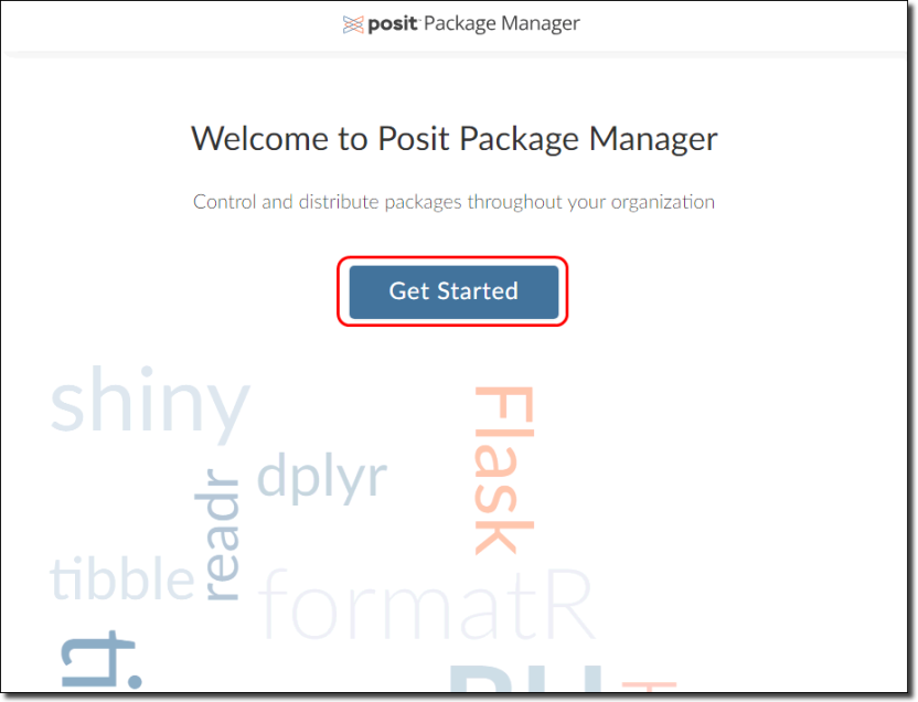 Posit Package Manager page where you can check your available packages by clicking Get Started