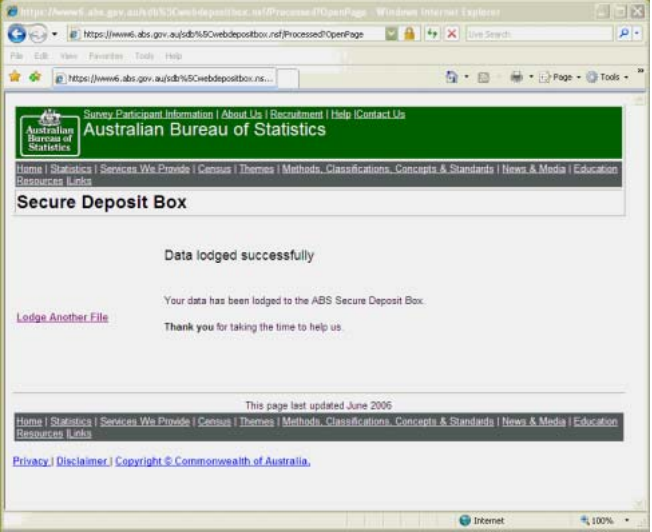 Screenshot of Secure Deposit Box data lodged successfully screen