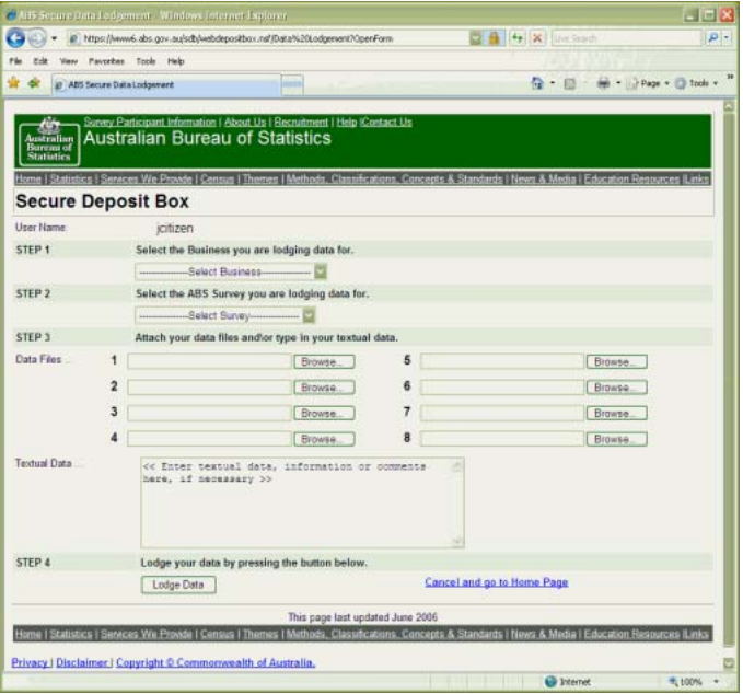 Screenshot of the ABS Secure Deposit Box Lodgement Page