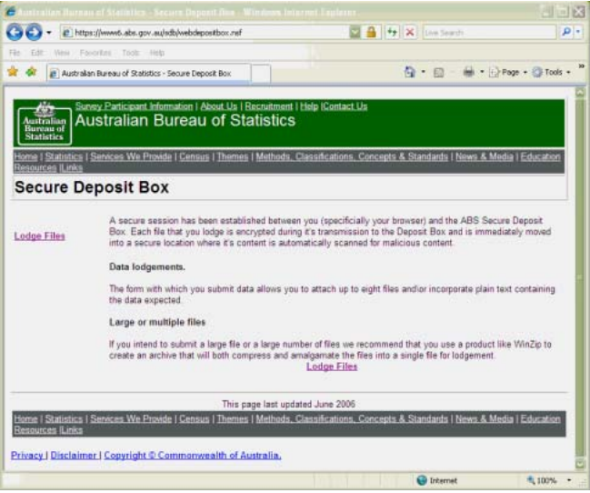 Image displays screenshot of Secure Deposit Box lodge files screen