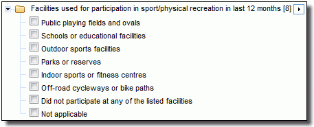 Categories for the data item Facilities used for participation in sport or physical recreation in last 12 months