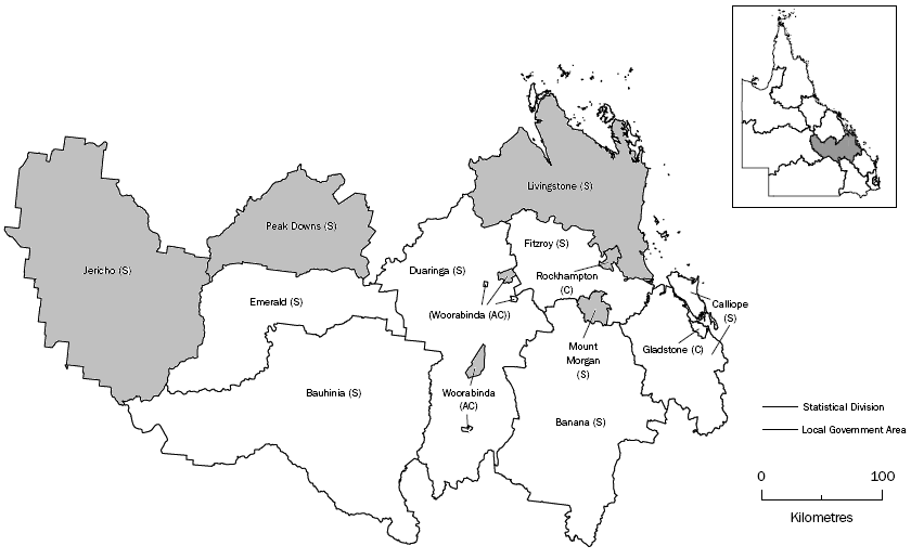 Map - Fitzroy SD with alphabetical listing of LGAs of Jericho to Woorabinda highlighted