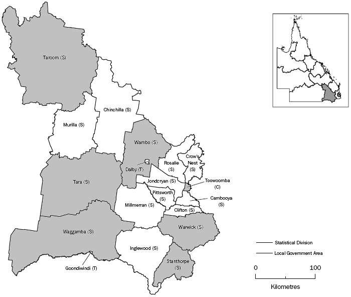 Map - Darling Downs SD with alphabetical listing of LGAs of Stanthorpe to Warwick highlighted