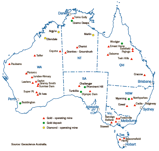 Diagram: 18.24 Selected mines and deposits of gold and diamonds—2006