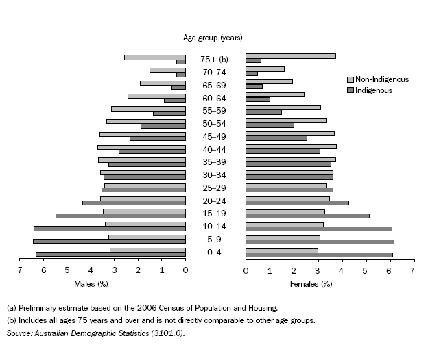 Diagram: 7.24 Age distribution of the indigenous and non-indigenous population(a)—June 2006