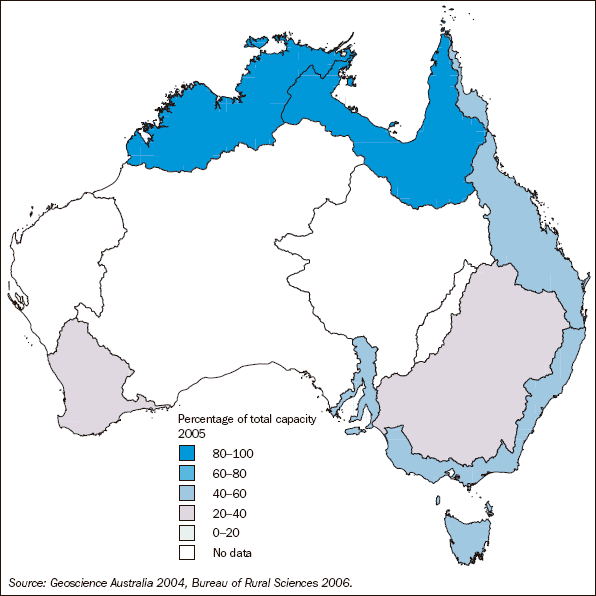 Diagram: 3.7 Large dams storage levels, By drainage division—June 2005