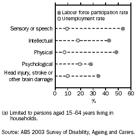 Graph: Participation and unemployment among disability groups (a) - 2003 