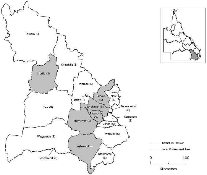 Map - Darling Downs SD with alphabetical listing of LGAs of Inglewood to Rosalie highlighted