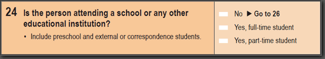 Image: 2016 Household Paper Form - Question 24. Is the person attending a school or any other educational institution?